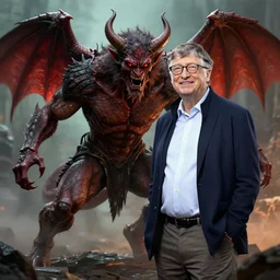 bill gates fights demons, highly detailed, 8 k, masterpiece, super resolution.
