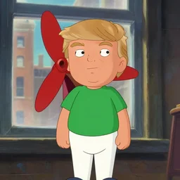 little ginger donald trump, wearing white pants and green shirt, in a room, closeup, old city through window, red propeller on his back, concept art, artstation, disney, pixar, dreamworks, anime, tyler edlin, feng zhu, jparked, thomas karpi