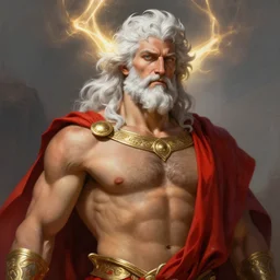 painted portrait of rugged zeus, god of thunder, greek god, white hair, masculine, mature, handsome, upper body, red and gold, muscular, hairy torso, fantasy, intricate, muscular, elegant, highly detailed, digital painting, artstation, concept art, smooth, sharp focus, illustration, art by gaston bussiere and alphonse mucha