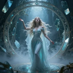 goddess of illusion, beautiful, stunning, breathtaking, mirrors, glass, magic circle, magic doorway, fantasy, mist, bioluminescence, hyper - realistic, unreal engine, by jules bastien - lepage, daniel gerhartz