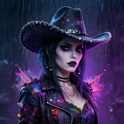 splashes of neon galaxies, mowhawk, punk women portrait made out of paint with rain in the background, trending on artstation, epic composition, emotional, beautiful, rendered in octane, highly detailed, realistic, tim burton comic book art, sharp focus, matte painting, unreal engine