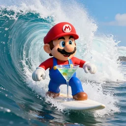 head on medium view of mario drinks a big fancy martini and surfs inside the tube of a very large wave. the wave is about to collapse. highly detailed, professional high quality 4 k, action shot, dramatic lighting, unreal, cinematic, photorealistic, 3 d render