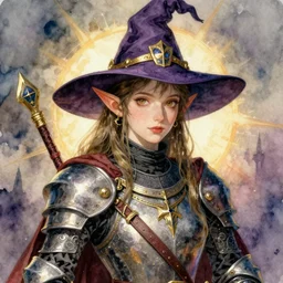 elf witch knight. intricate, amazing composition, colorful watercolor, by ruan jia, by maxfield parrish, by marc simonetti, by hikari shimoda, by robert hubert, by zhang kechun, illustration, gloomy, volumetric lighting, fantasy