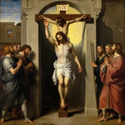 renaissance oil painting of jesus stepping into a time portal at his crucifixion waving goodbye and saying peace out, bitches