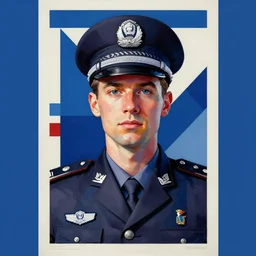a portrait of a police officer, a character portrait by tom whalen, bauhaus, poster art, angular, geometric, symmetrical. blue color theme. solid background.
