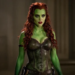 film still of !!Aubrey Plaza!! as Poison Ivy in The Dark Knight, lizard skin, !!!green skin!!!, 4k