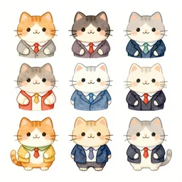 watercolor illustration style, cute! cats!!! choose different costumes, business, inspiring art