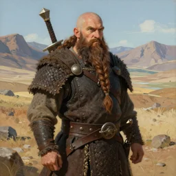 a bald warrior male dwarf with long brown braided beard in a barren mountainous landscape, art by hugh rankin, color
