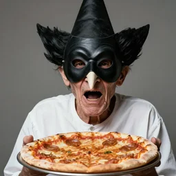 portrait photo of an old wrinkled man, skinny face, bony face, long crooked nose, large gaping mouth, black pulcinella mask, masquerade mask, pointy conical hat, white wrinkled shirt, holding up a pizza, presenting a large pizza, close - up, skin blemishes, menacing, intimidating, masterpiece by kenneth willardt