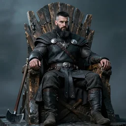 viking king, with black beard and short black hair, sitting on his wooden throne with his axe leaning on the side of the throne, looking forward, in a chill position, amazing detail, sharp, realism style art