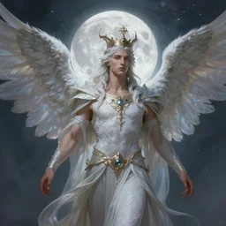A beautiful digital painting of a male Seraphim, king, the moon behind her, intricate, cinematic lighting, highly detailed, digital painting, Artstation, concept art, smooth, sharp focus, illustration, art by Tom Bagshaw, Artgerm and Greg Rutkowski