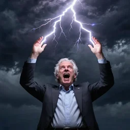 photograph of geert wilders standing, raising both hands and emitting lightning, shouting, crazy eyes, atmospheric lighting, dark clouds, sinister, art by greg rutkowski