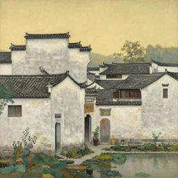 a painting of hongcun ancient village houses by alphonse mucha and aaron horkey