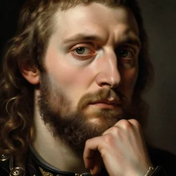 viking king, sad eyes, hand resting on his chin, amazing detail, portrait, neoclassicism art style