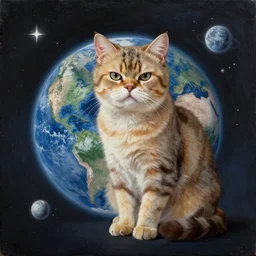 A grumpy cat sitting on the planet earth in space, oil painting