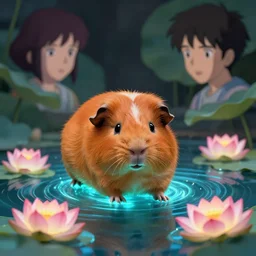 real life orange guinea pig emerging from bioluminescent water with lotus flowers by michael garmash and katsuhiro otomo, rule of thirds, animal photography beautiful