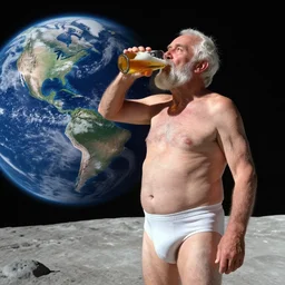 an old man on the moon in his underwear drinking beer looking at the earth, very detailed, raytraced scene.