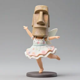 a wholesome femo figurine of a cute funny moyai fairy with freckles wearing a frilly floral moyai dress featured on dark souls by studio ghibly and h r giger made of easter island head, pastels, wide angle, dynamic dancing pose, 🎀 🗿 🧚
