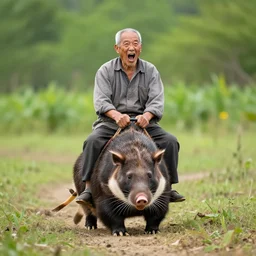 an elderly man riding a possum, screaming, bold natural colors, national geographic photography, masterpiece, 8 k, raw, unedited, symmetrical balance
