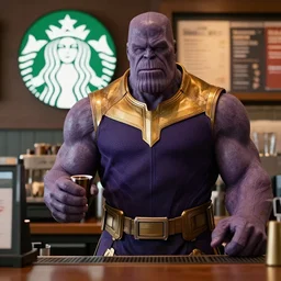 film still of Thanos as a baristaat Starbucks in Avengers Infinity War, 4k