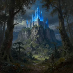 medieval fantasy artwork. woodland with cliffs in the background. on top of the cliffs is a castle made of pure blue light. oil on canvas.