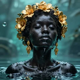 hyperrealistic post rococo cinematic very expressive! black oshun goddess, in water up to her shoulders, translucent dripping droplet!, gold flowers, highly detailed face, digital art masterpiece, smooth eric zener cam de leon dramatic pearlescent teal back lighting, low angle uhd 8 k, sharp focus