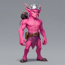 a hot pink tiefling with a tinfoil hat, rat on his shoulder, young man, green eyes, horns, exasperated, character art, full body art, dungeons and dragons, d & d, trending on artstation, artgerm, 4 k ultra hd, sharp focus, digital art by ilya kuvshinov and ross tran
