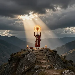 an incan priest doing a solstice celebration at the top of a mountain, art by greg rutkowski