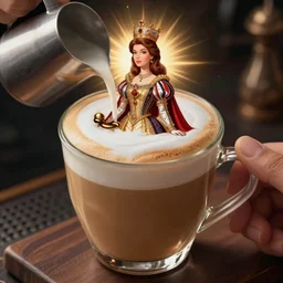 mucha mocha latte barrista creamer art drawing of a royal princess on the top of the cappucinno froth