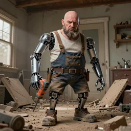 grumpy chunky bald handyman with cyborg powertool! limbs, mechanical powertools as hands, unkept facial hair, wrecks dusty old home, full body, hyperrealistic absurdist digital art masterpiece, highly detailed neo pop surrealism, jason limon kay sage hannah yata, dramatic lighting, low angle, uhd 8 k, sharp focus