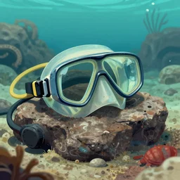 rocky sea floor illustration, abandoned scuba visor