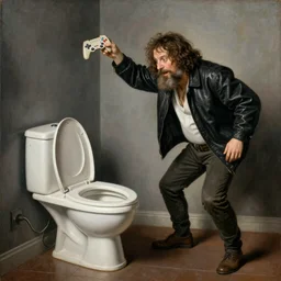 scott the woz throwing a video game into a toilet, renaissance painting