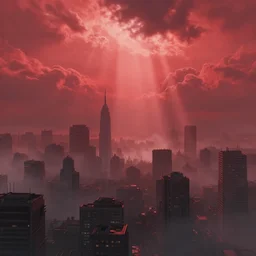 cyberpunk city scene, art by hasui kawase, misty, red sky, gorgeous clouds, god rays, fantasy art, octane render, ureal engine, high detail, alphonse mucha, greg rutkowski, james gurney, johannes voss
