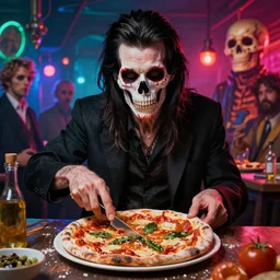 weird and disturbing portrait of nick cave baking pizza, vivid colors, death, neon, art by ( ( ( kuvshinov ilya ) ) ) and wayne barlowe and thomas eakins and artgerm and wlop and william - adolphe bouguereau