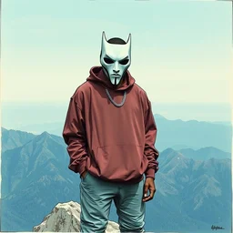 a photo of kanye west wearing a maison margiela mask standing on top of a mountain by george condo, visual novel, ink, dramatic, perspective, analogous - colors
