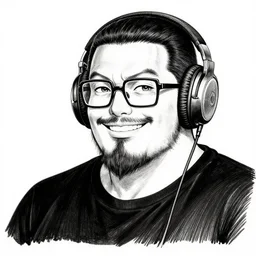 highly detailed ink illustration of a buff smiling man with long stubble, square glasses and black bowl cut, wearing a black tshirt and onear headphones, b & w clean shaped illustration by kim jung gi and eiichiro oda
