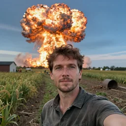 a selfie, in the background is a nuclear explosion, he is on a farm, highly realistic, very detailed.