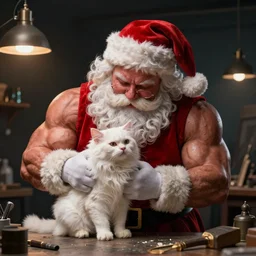 buff muscular santa claus kissing a white fluffy cat in his workshop. dimly lit. dark. 4 k rtx hdr volume light concept studio matte painting environement digital illustration style artstation artur tarnowski, mihai muscan, marcin tomalak, marta leydy,