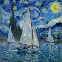 An aesthetically pleasing, dynamic, energetic, lively, well-designed digital art of the sailboats on the ocean at night in a low mist, light and shadow, chiaroscuro, by Claude Monet and Vincent Van Gogh, superior quality, masterpiece, excellent use of negative space. 8K, superior detail.