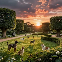 surreal english park. surrealism. with dogs and shrubbery, dali. beksinski. escher. sunset