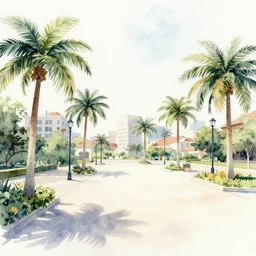 Watercolor painting of a subtropical fantasy city square. There are lots of palm trees and flowers, and the buildings are made of red clay. Watercolor painting of a subtropical fantasy city square. There are lots of palm trees and flowers, and the buildings are made of red clay