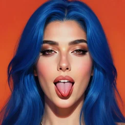 portait of haifa wehbe asymmetric face, perfect lips licking tongue, long hair blue centred, hd, very detailed curve, digital painting, unreal engine, final fantasy style, amazing red orange background theme