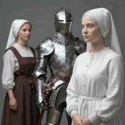 a knight in armor standing next to a peasant woman on the left and a peasant woman on the right, illustration