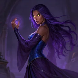 female necromancer, michelle yeoh, beautiful, dark purple robes, blue corset, long skirt, dark skin, glowing yellow eyes, violet long hair, high fantasy, heroic character, looking from shoulder, pretty face!, detailed, spellcasting pose, by greg rutkowski, wlop, genzoman and gary gygax, trending on artstation artstationhd, art