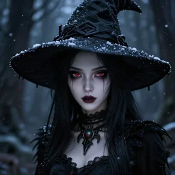 focus face portrait of beautiful darkness witch 3D anime girl, dark forest background, snowing, bokeh, inspired by Tim Burton, Giger, digital painting, high contrast, unreal engine render, volumetric light, high détail