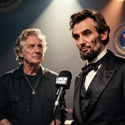 linkin park promo shot with president abraham lincoln on the mic