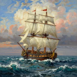 beautiful ocean landscape man o war ship sailing with waves, mythology, fantasy, landscape background, vivid colors, digital painting, very detailed, realistic, high quality, by claude lorrain
