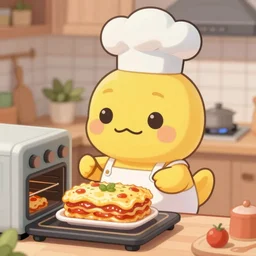anime style cute platypus on a kitchen wearing a chef hat and holding a lasagna into an oven, anime style, 3 d, chibi style