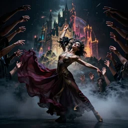 a photorealistic dramatic hyperrealistic render photography of a glamorous beautiful female dancer by ken brower and deborah ory of nyc dance project, surrealisti, lois greenfield, lord of the rings, neon, casle, thousand hands, flowing cloth and smoke, beautiful dynamic dramatic dark moody lighting, beautiful intricate face, volumetric, shadows, artgerm, alphonse mucha, greg rutkowsky, cinematic atmosphere, octane render, 8 k