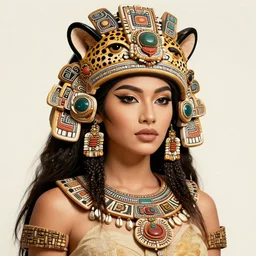 overdetailed maximalist illustration of a beautiful and attractive well dressed mayan jaguar headed goddess by dracko velasco featuring paul lewin, in the style of chris dyer. reminds to works of subjekt zero. vectorgraphic illustration. 8 k 3 d shaded. polished. extremely ornated by ø - cult. intricate. pastel colors